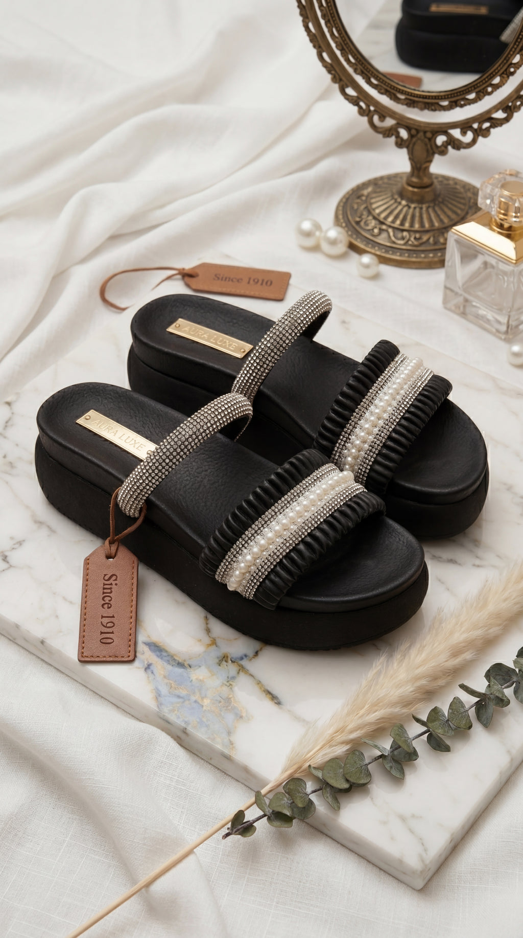 Sandalia REGINA Perlas y Strass Doble Correa – Calzado Femenino Plataforma Glamurosa