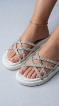 Sandalia ESTRELLA Tiras Cruzadas Strass – Calzado Femenino Brillante Plataforma